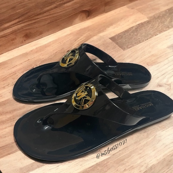 Michael Kors Black Jelly Thong W/Gold MK Logo BRAND NEW NEVER WORN - Picture 1 of 4